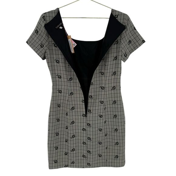 Vintage 1990s Tabloid Plaid Office Siren Square Neck Embroidered Mini Dress Sz 6 - Picture 4 of 10